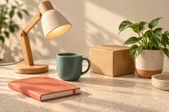 Lampa, kubek, notes i paczka na jasnym biurku obok rośliny.